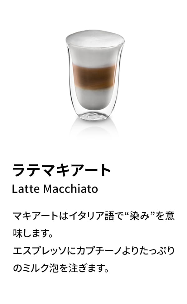 ラテマキアート（Latte Macchiato）：マキアートはイタリア語で“染み”を意味します。エスプレッソにカプチーノよりたっぷりのミルク泡を注ぎます。